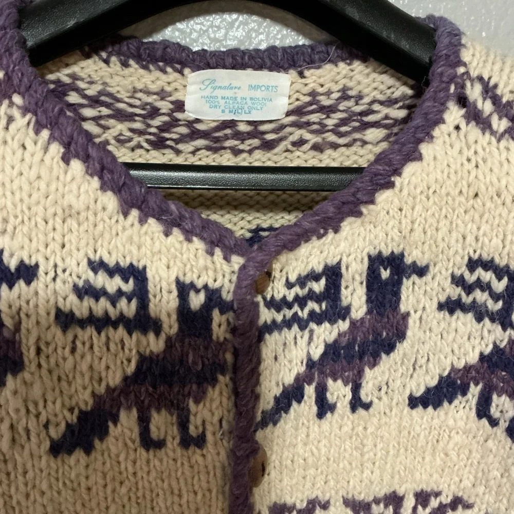 Vintage Purple and Cream Cardigan Sweater - 100% Alpaca Wool - Picture 3 of 4
